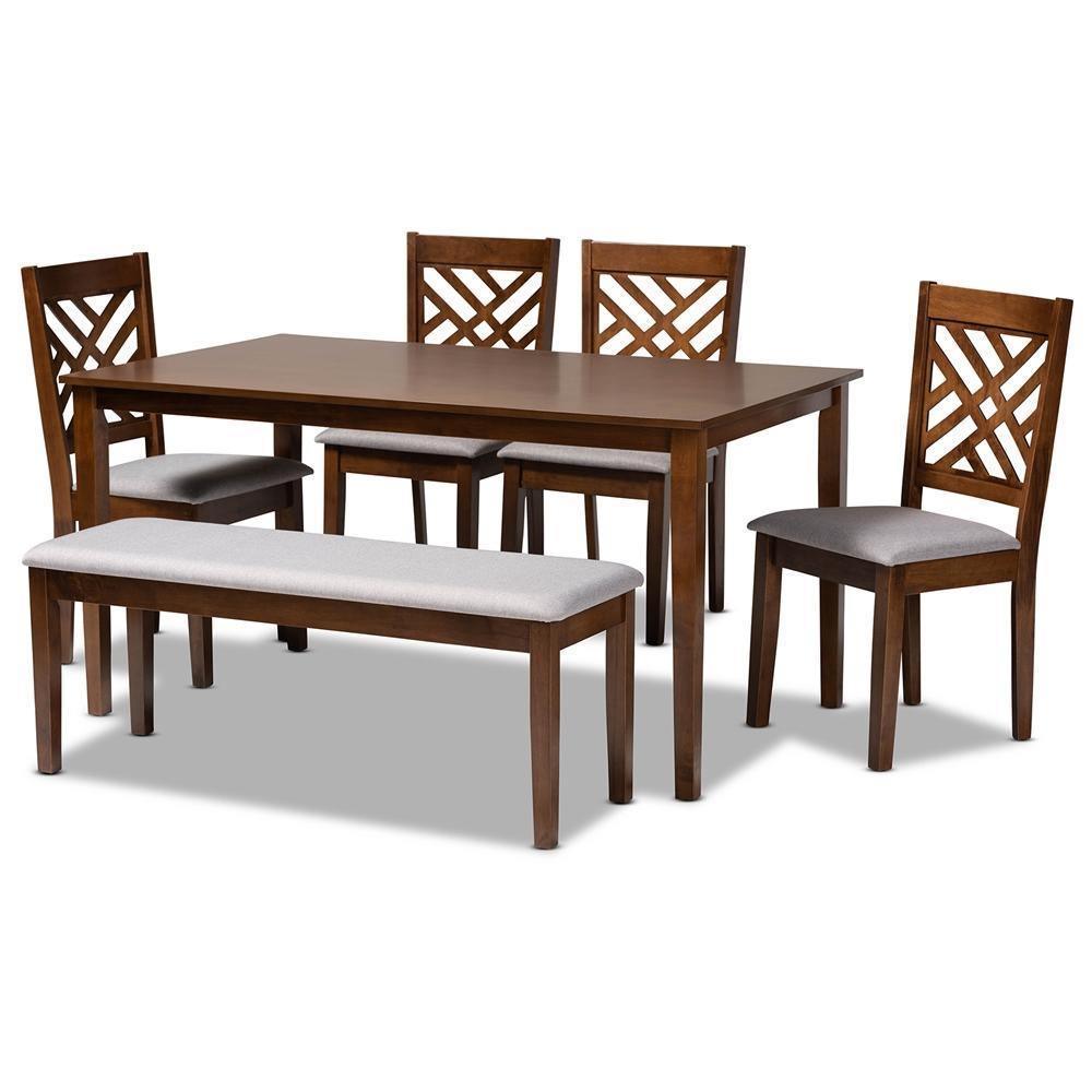 Gustavo Modern and Contemporary Grey Fabric Upholstered and Walnut Brown Finished Wood 6-Piece Dining Set FredCo