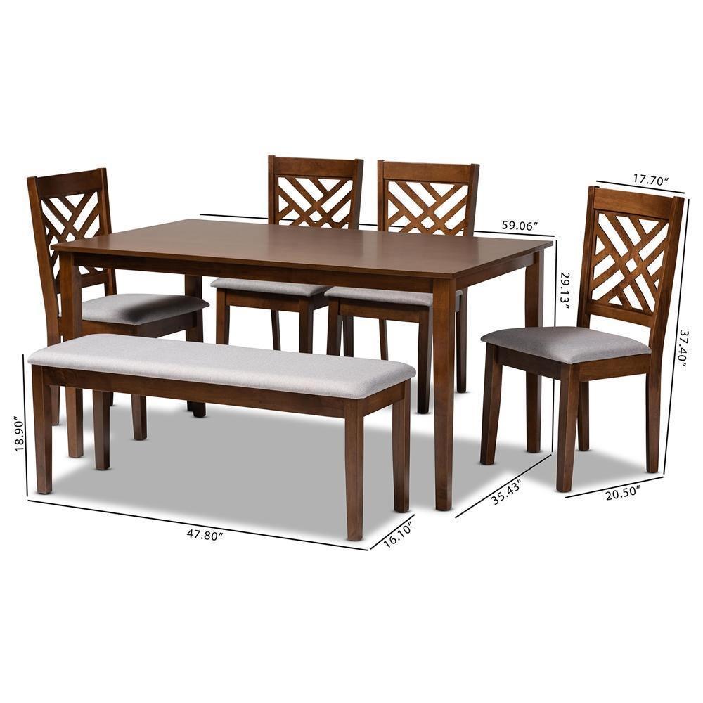 Gustavo Modern and Contemporary Grey Fabric Upholstered and Walnut Brown Finished Wood 6-Piece Dining Set FredCo