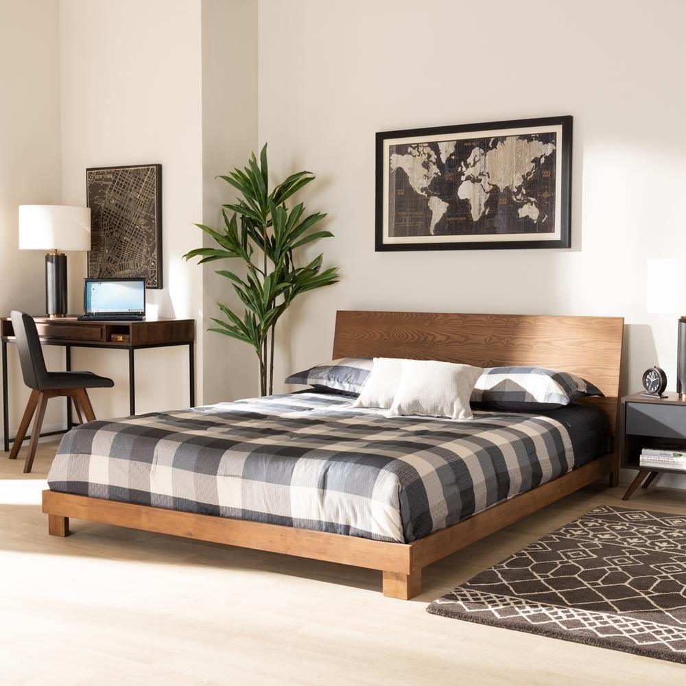 Haines Modern and Contemporary Walnut Brown Finished Wood Queen Size Platform Bed FredCo