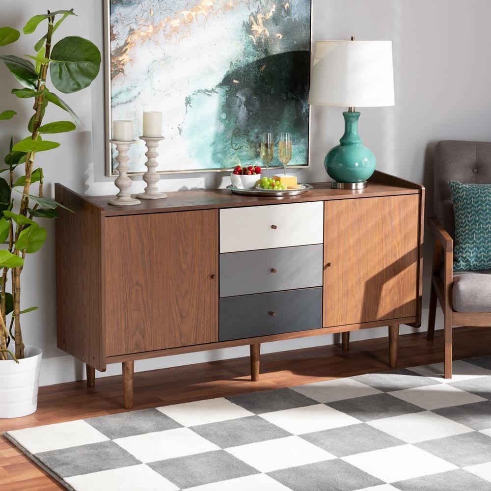 Halden Mid-Century Modern Multicolor Walnut Brown and Grey Gradient Finished Wood 2-Door Dining Room Sideboard Buffet FredCo