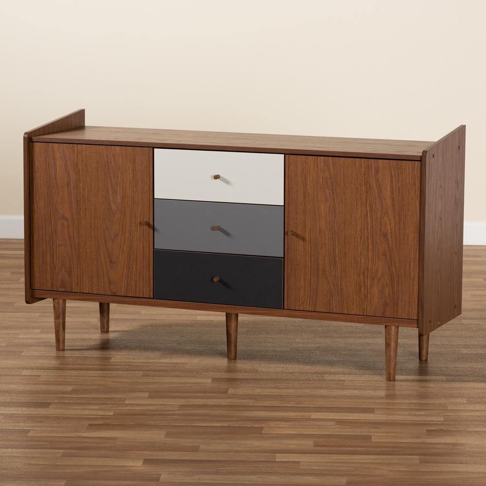 Halden Mid-Century Modern Multicolor Walnut Brown and Grey Gradient Finished Wood 2-Door Dining Room Sideboard Buffet FredCo