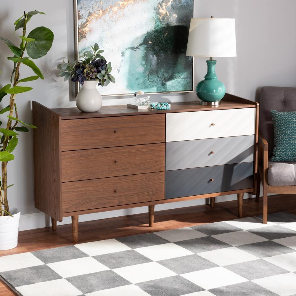 Halden Mid-Century Modern Multicolor Walnut Brown and Grey Gradient Finished Wood 6-Drawer Dresser FredCo