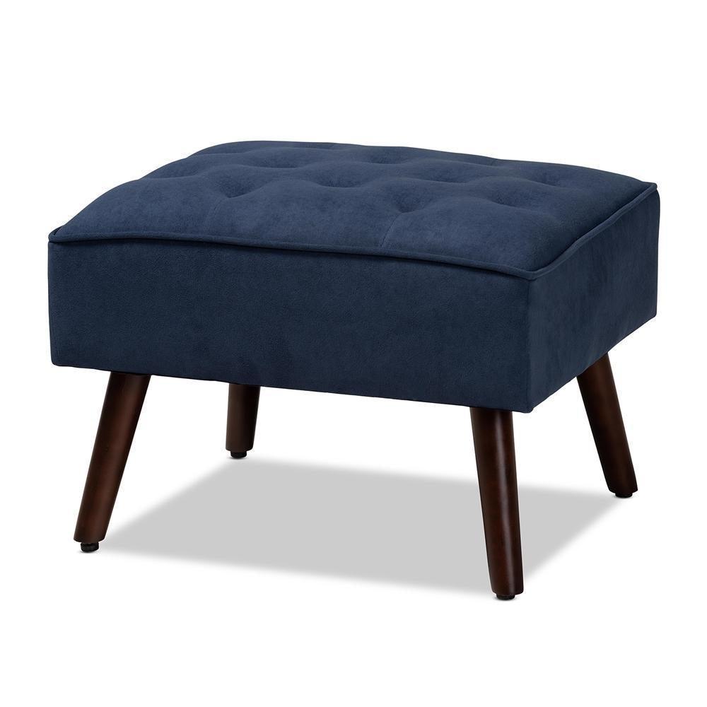 Haldis Modern and Contemporary Navy Blue velvet Fabric Upholstered and Walnut Brown Finished Wood 2-Piece Lounge Chair and Ottoman Set FredCo