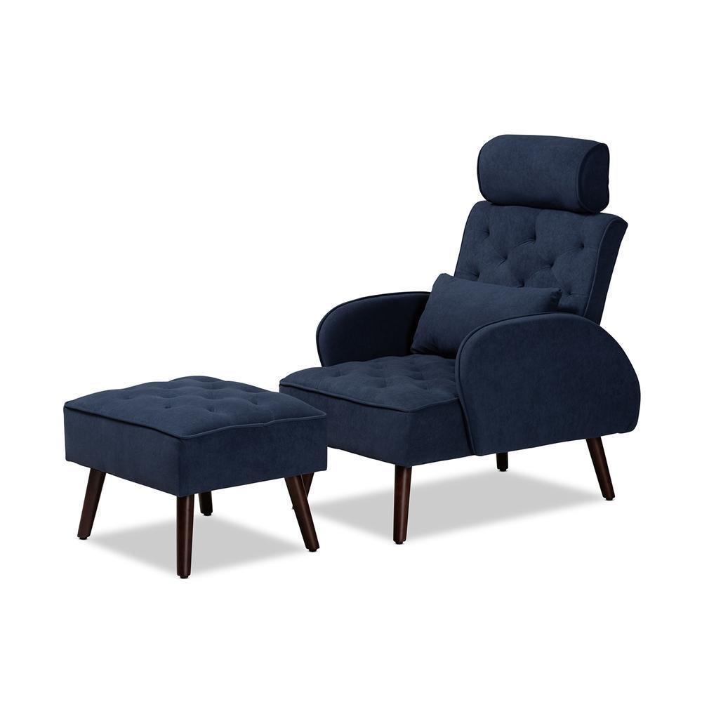 Haldis Modern and Contemporary Navy Blue velvet Fabric Upholstered and Walnut Brown Finished Wood 2-Piece Lounge Chair and Ottoman Set FredCo