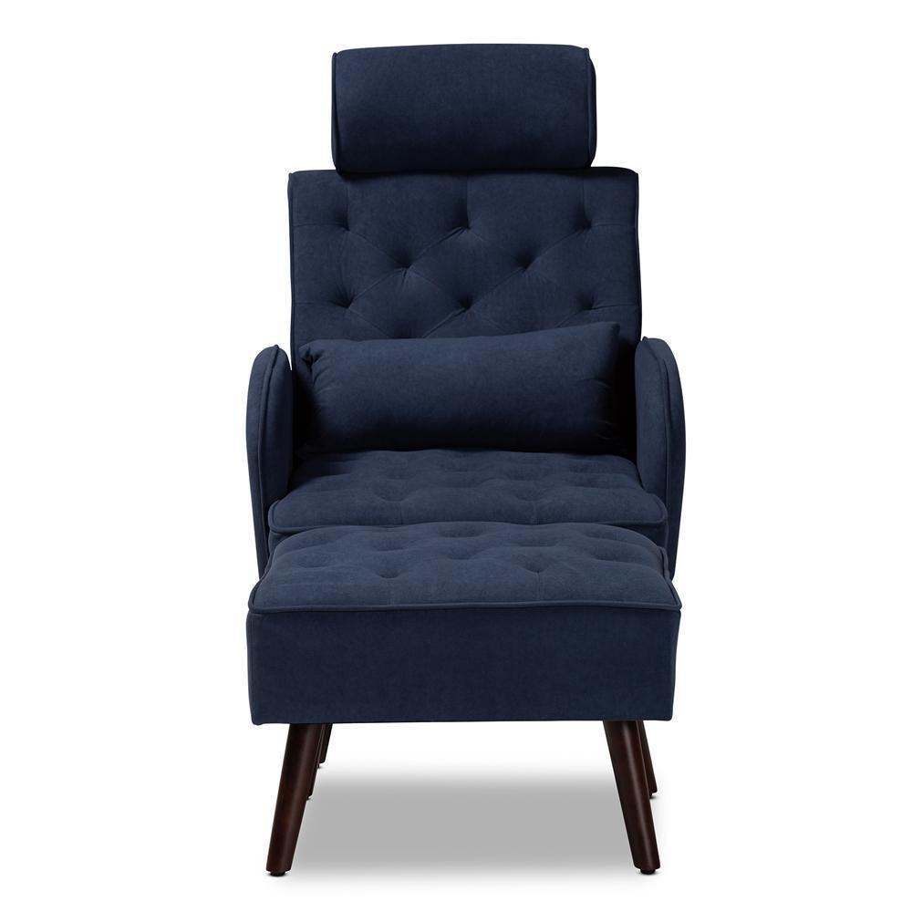 Haldis Modern and Contemporary Navy Blue velvet Fabric Upholstered and Walnut Brown Finished Wood 2-Piece Lounge Chair and Ottoman Set FredCo
