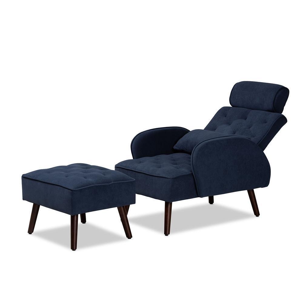 Haldis Modern and Contemporary Navy Blue velvet Fabric Upholstered and Walnut Brown Finished Wood 2-Piece Lounge Chair and Ottoman Set FredCo