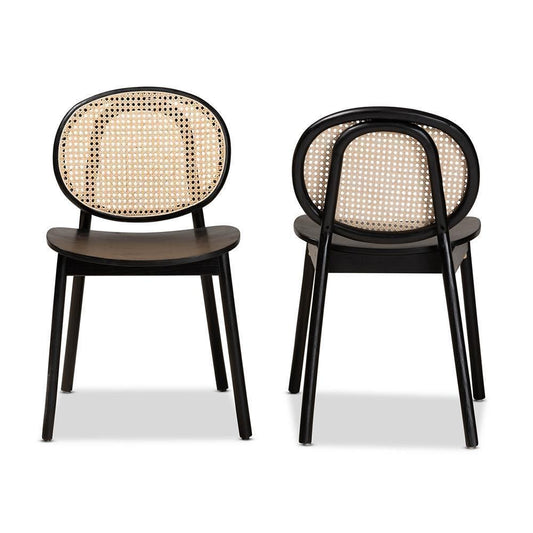Halen Mid-Century Modern Brown Woven Rattan and Black Wood Finished 2-Piece Cane Dining Chair Set FredCo