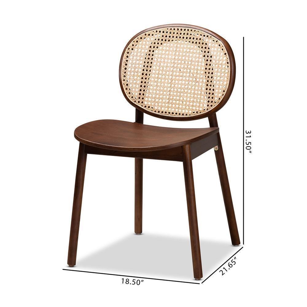 Halen Mid-Century Modern Brown Woven Rattan and Walnut Brown Wood Finished 2-Piece Cane Dining Chair Set FredCo