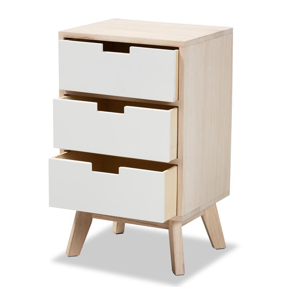 Halian Mid-Century Modern Two-Tone White and Light Brown Finished Wood 3-Drawer Nightstand FredCo
