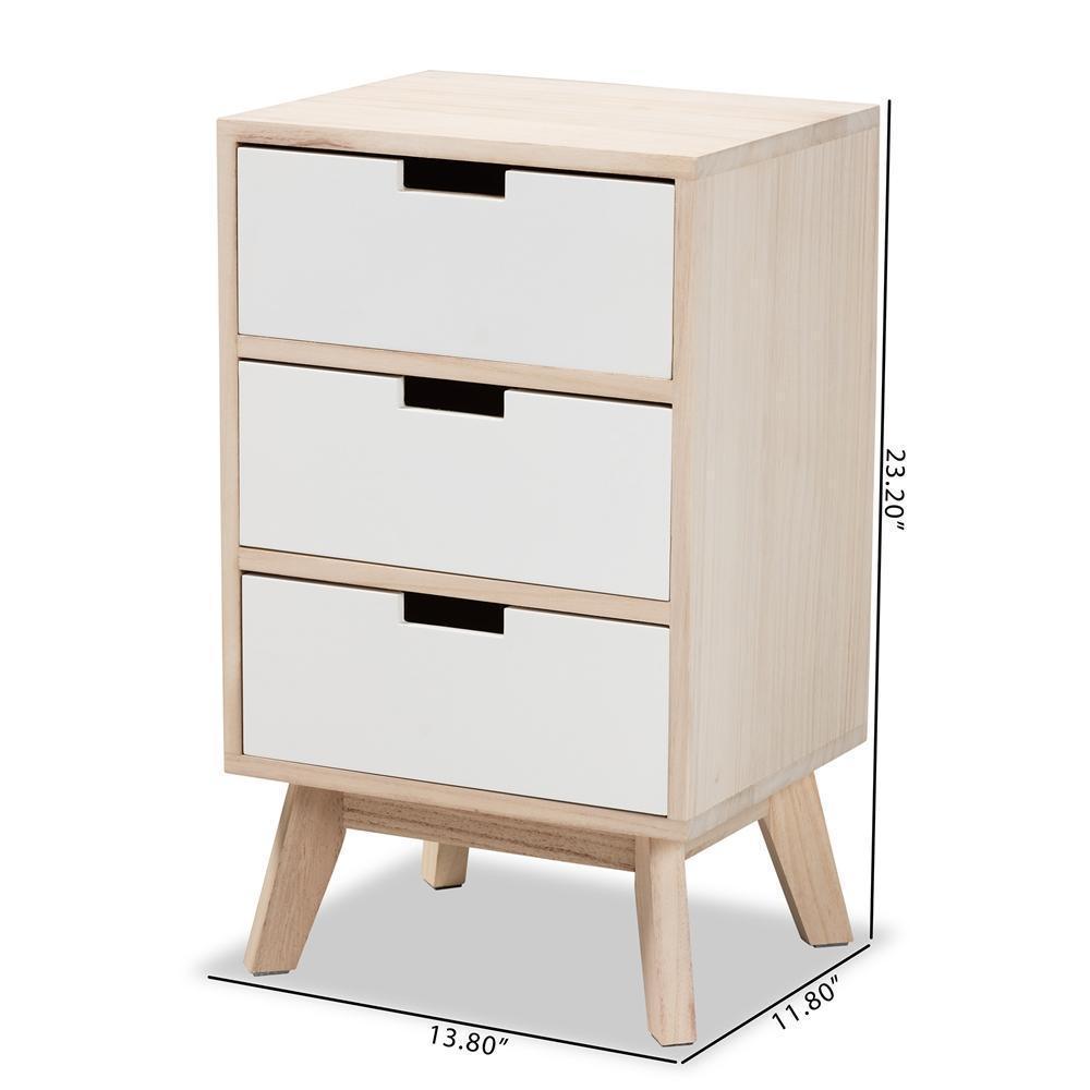 Halian Mid-Century Modern Two-Tone White and Light Brown Finished Wood 3-Drawer Nightstand FredCo