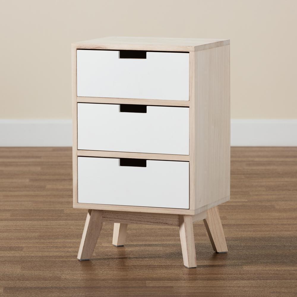 Halian Mid-Century Modern Two-Tone White and Light Brown Finished Wood 3-Drawer Nightstand FredCo