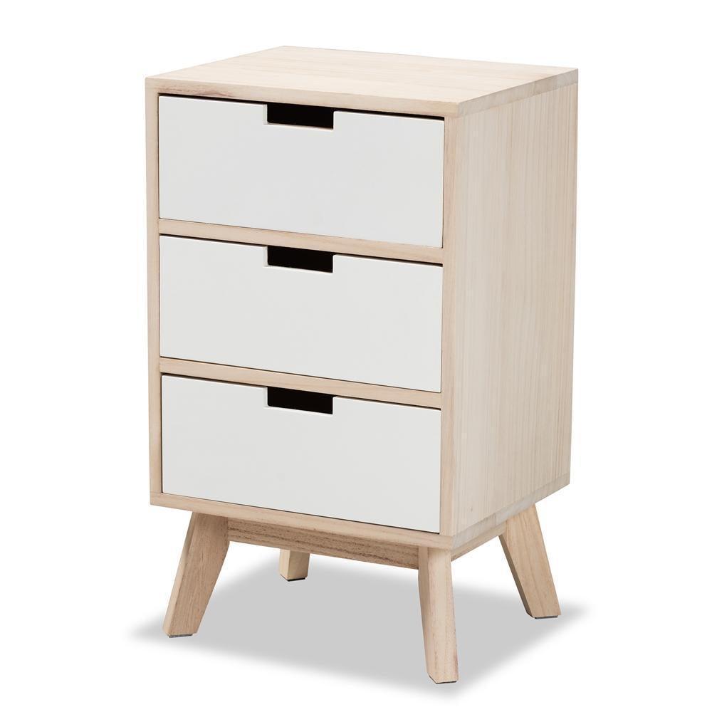 Halian Mid-Century Modern Two-Tone White and Light Brown Finished Wood 3-Drawer Nightstand FredCo