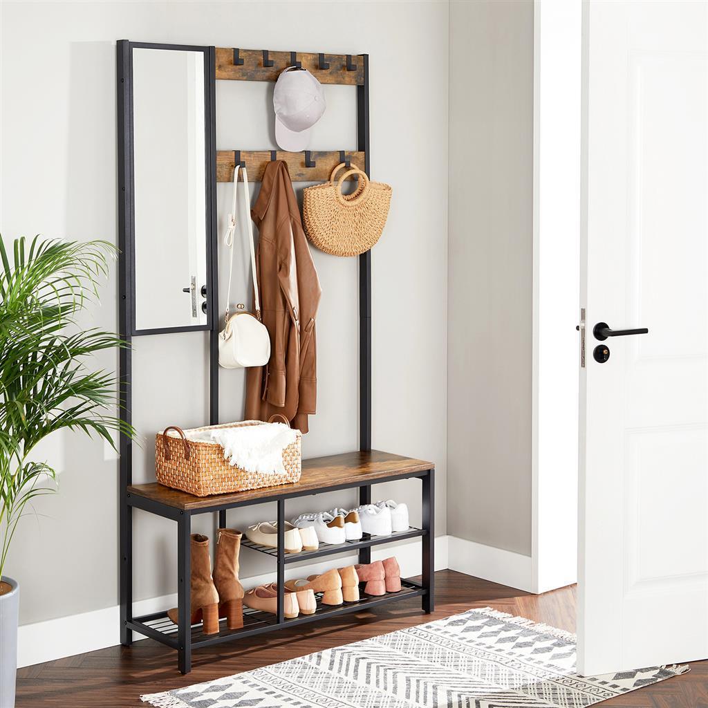 Hall Tree with Hooks and Mirror Rustic Brown FredCo