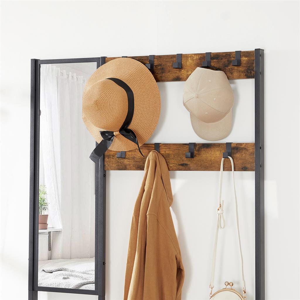 Hall Tree with Hooks and Mirror Rustic Brown FredCo