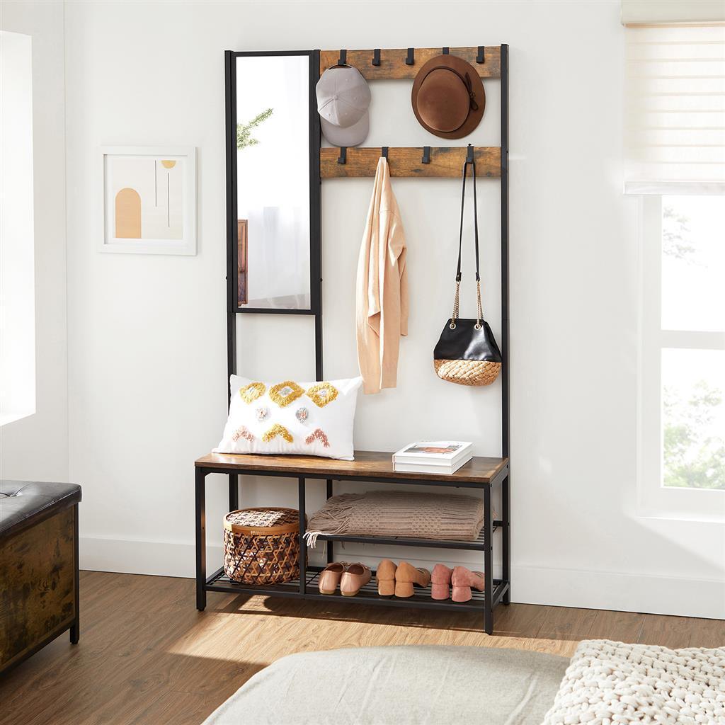 Hall Tree with Hooks and Mirror Rustic Brown FredCo