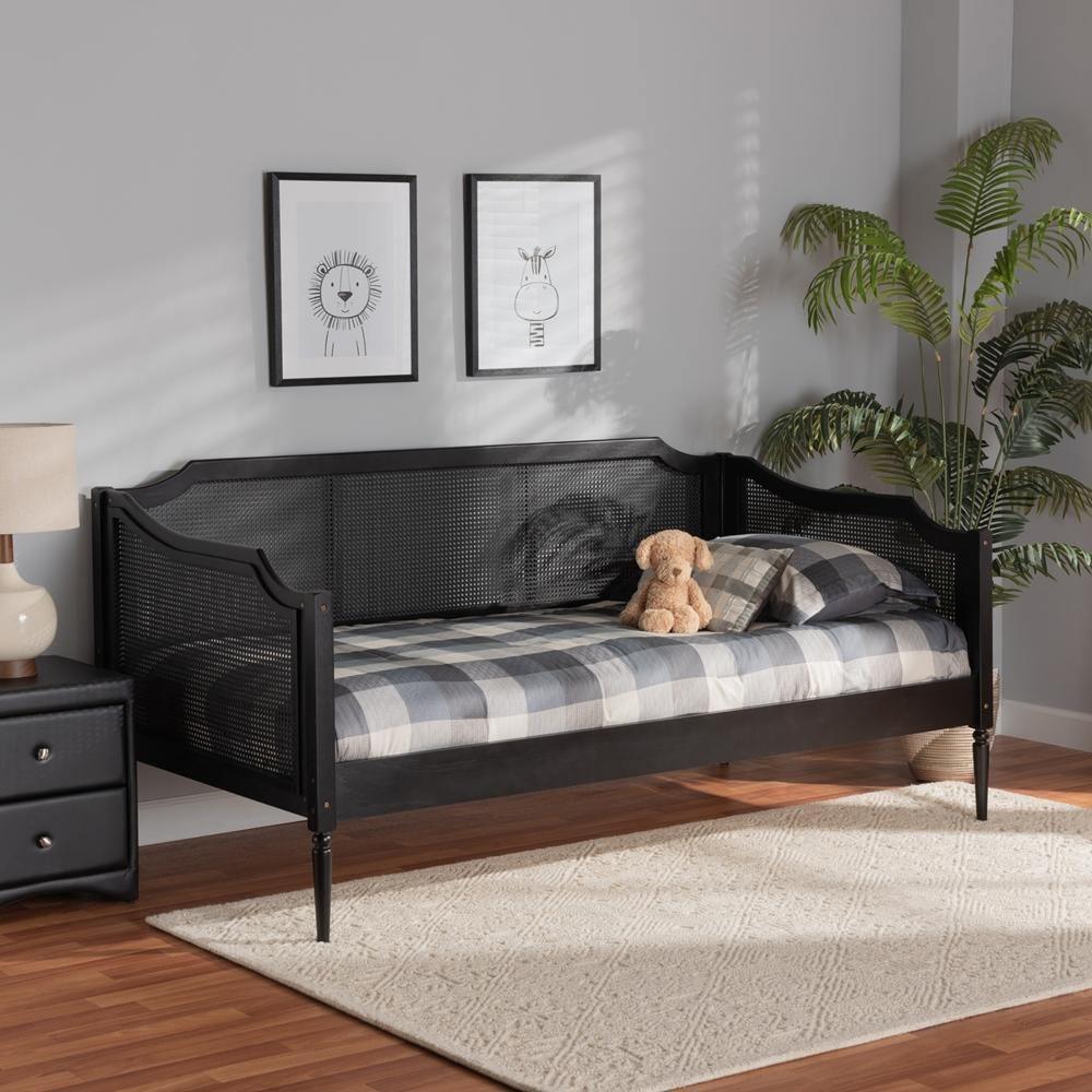 Hancock Mid-Century Modern Charcoal Finished Wood and Synthetic Rattan Twin Size Daybed FredCo