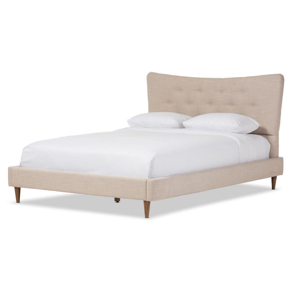 Hannah Mid-Century Modern Beige Linen King Size Platform Bed FredCo