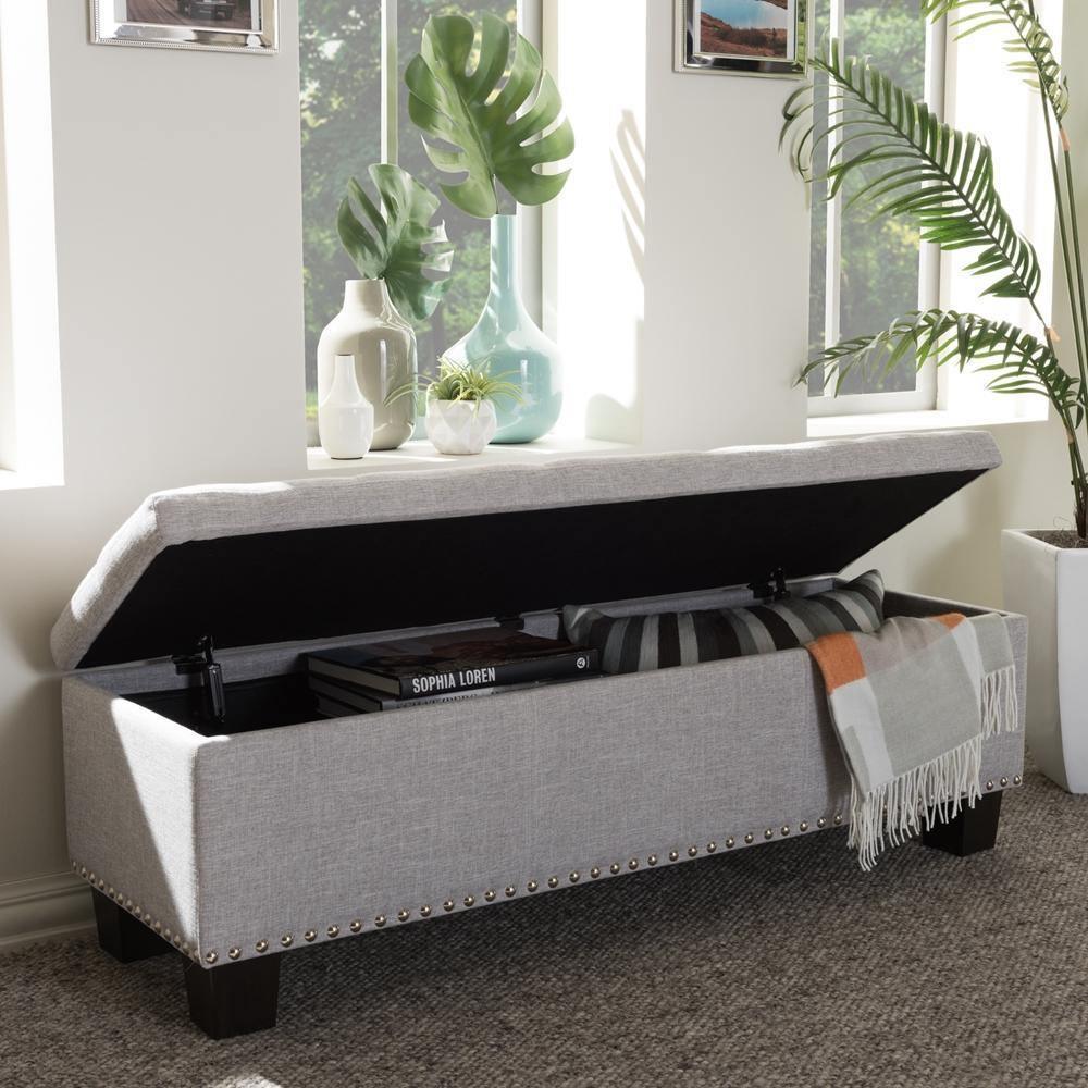 Hannah Modern and Contemporary Grayish Beige Fabric Upholstered Button-Tufting Storage Ottoman Bench FredCo