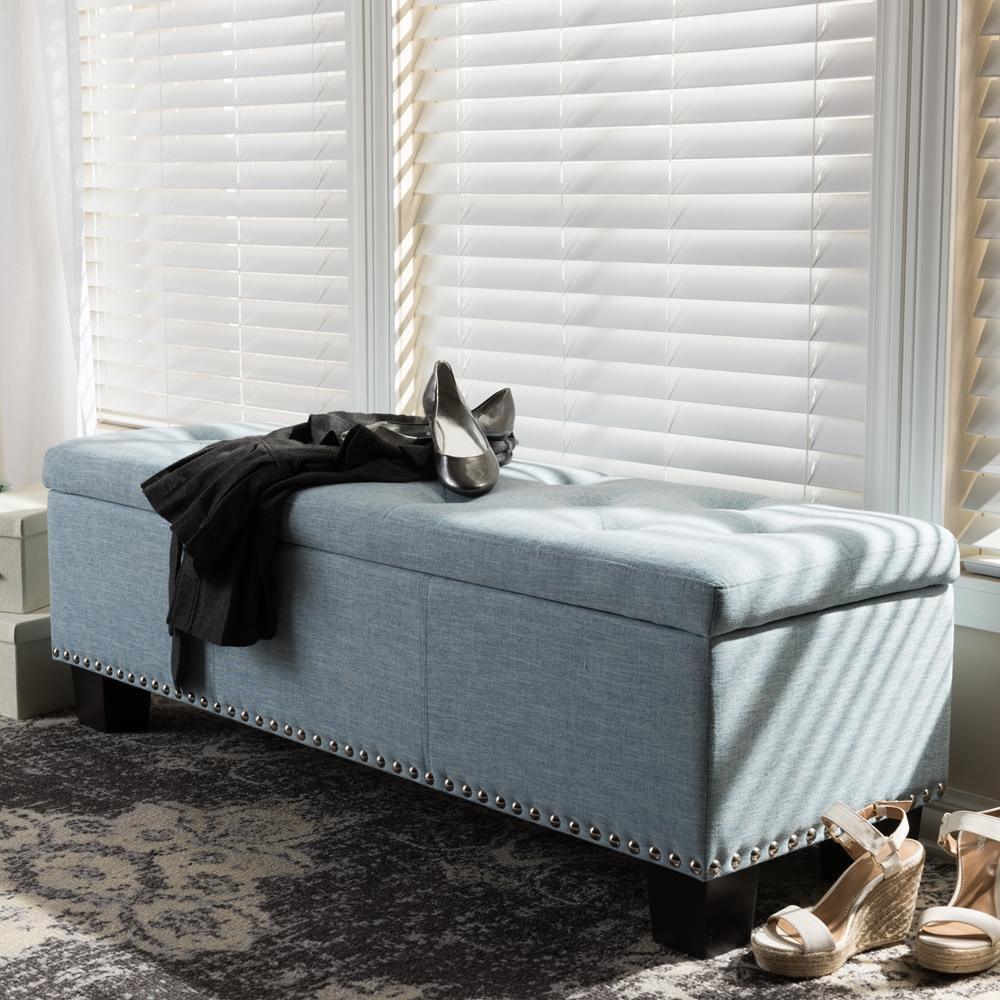 Hannah Modern and Contemporary Light Blue Fabric Upholstered Button-Tufting Storage Ottoman Bench FredCo