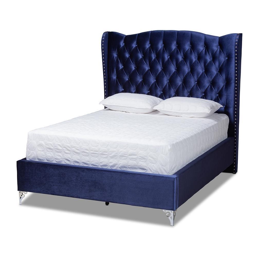 Hanne Glam and Luxe Purple Blue Velvet Fabric Upholstered King Size Wingback Bed FredCo