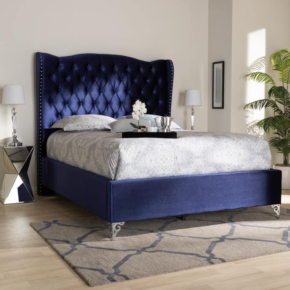 Hanne Glam and Luxe Purple Blue Velvet Fabric Upholstered King Size Wingback Bed FredCo