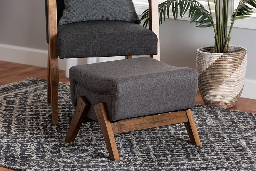 Hanson Mid-Century Modern Dark Grey Fabric and Walnut Brown Finished Wood Ottoman FredCo