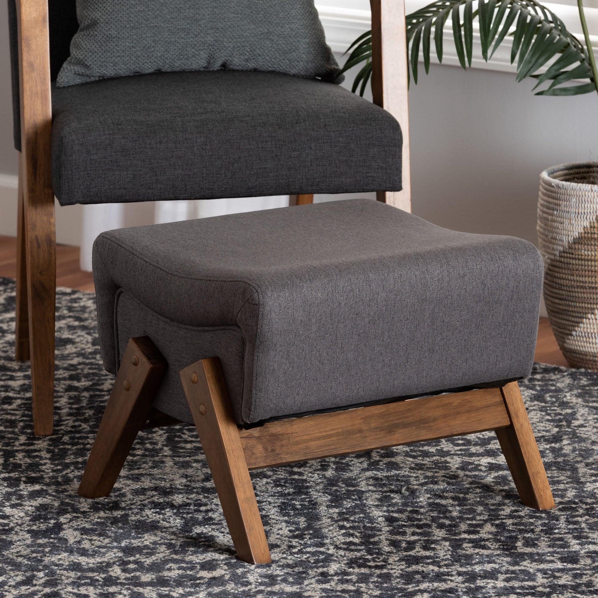 Hanson Mid-Century Modern Dark Grey Fabric and Walnut Brown Finished Wood Ottoman FredCo