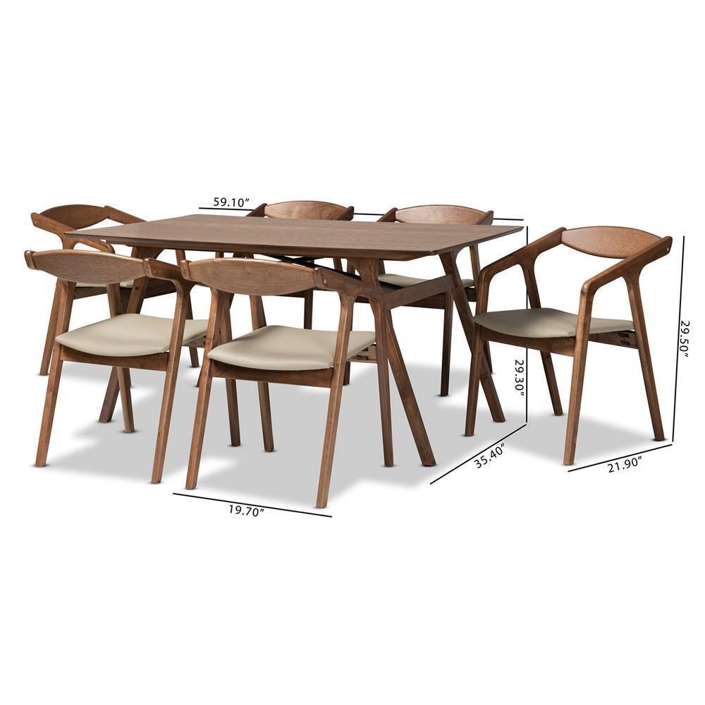 Harland Mid-Century Modern Grey Faux Leather Upholstered and Walnut Brown Finished Wood 7-Piece Dining Set FredCo