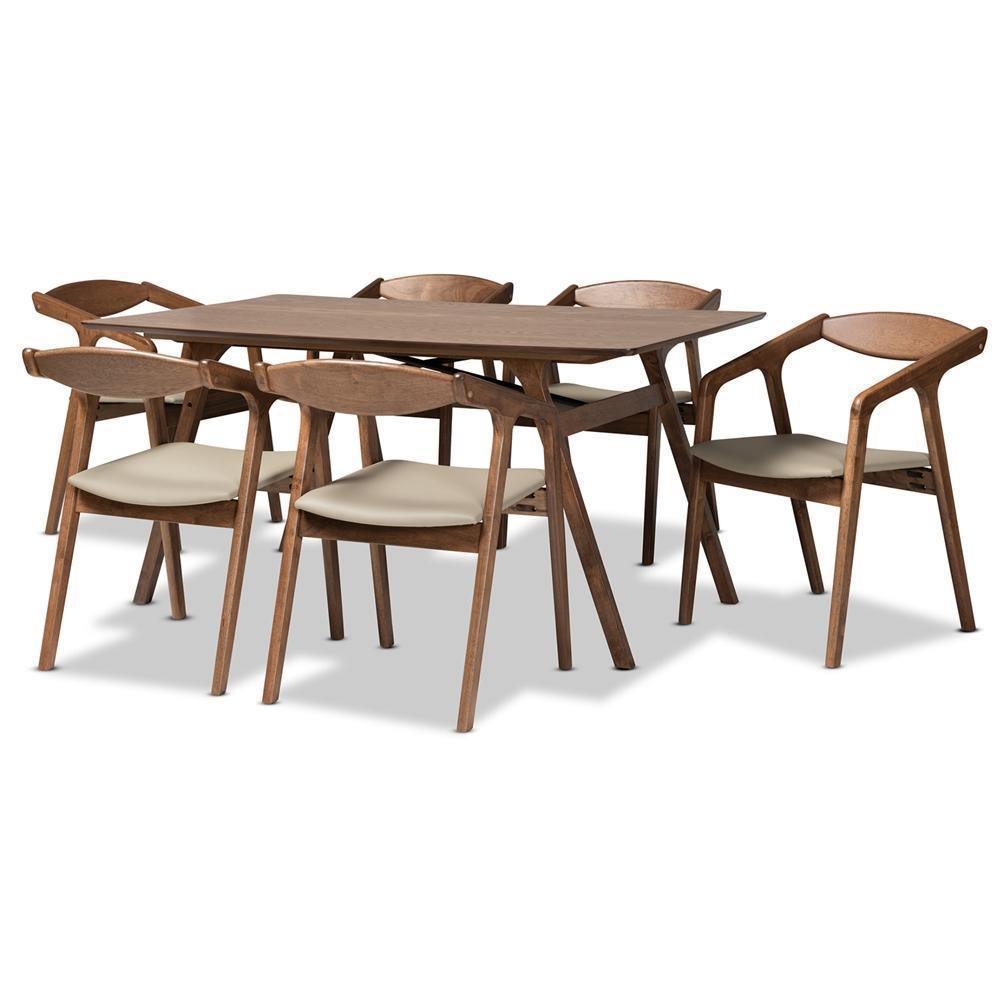 Harland Mid-Century Modern Grey Faux Leather Upholstered and Walnut Brown Finished Wood 7-Piece Dining Set FredCo