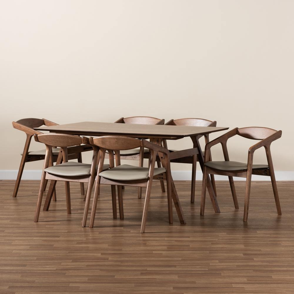 Harland Mid-Century Modern Grey Faux Leather Upholstered and Walnut Brown Finished Wood 7-Piece Dining Set FredCo