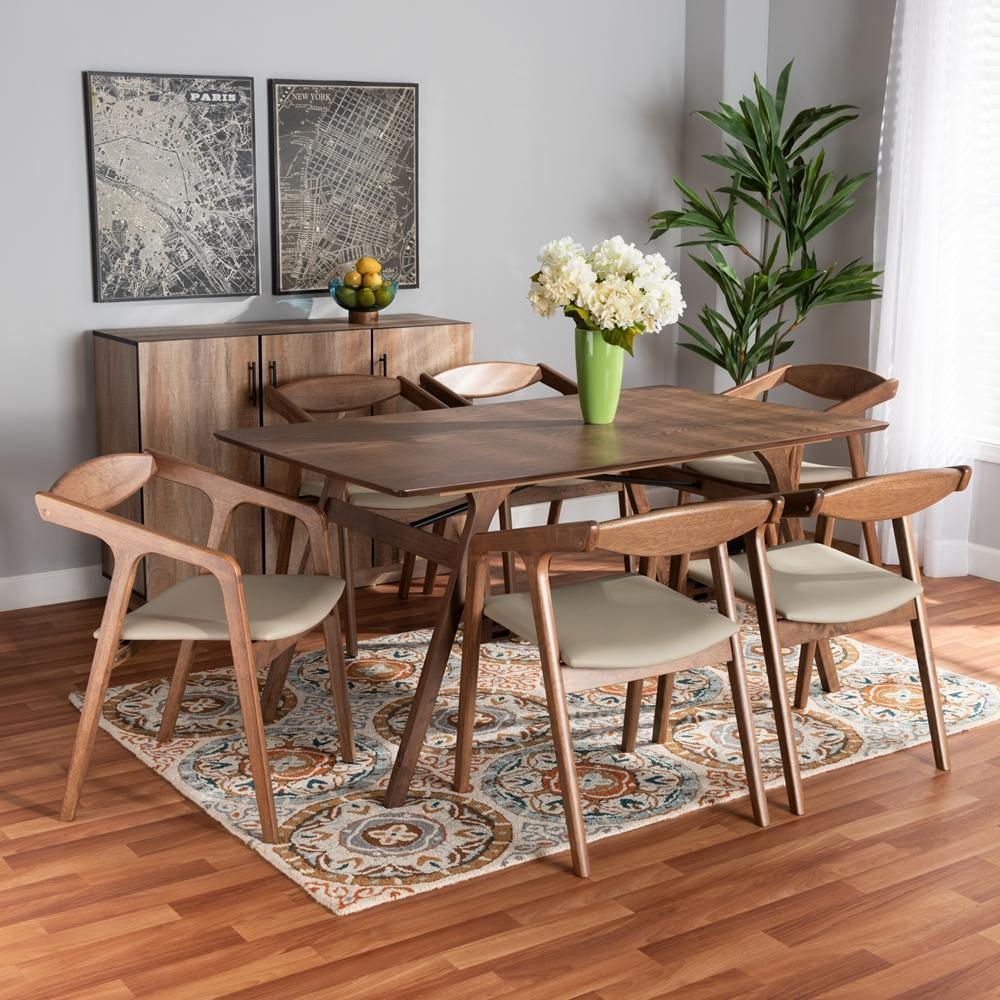 Harland Mid-Century Modern Grey Faux Leather Upholstered and Walnut Brown Finished Wood 7-Piece Dining Set FredCo