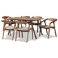 Harland Mid-Century Modern Grey Faux Leather Upholstered and Walnut Brown Finished Wood 7-Piece Dining Set FredCo