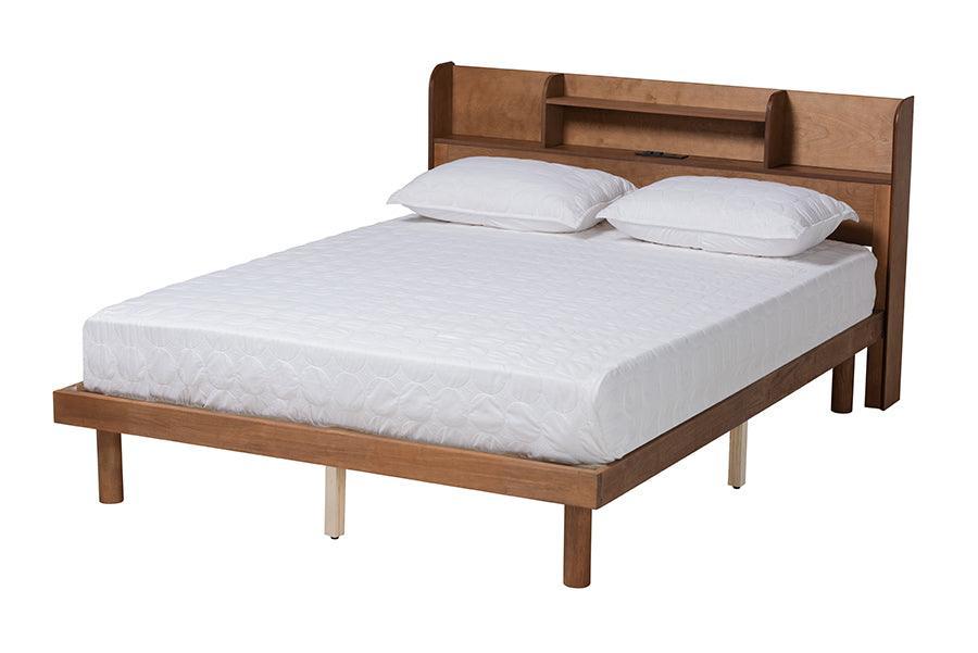 Harper Mid-Century Modern Transitional Walnut Brown Finished Wood Full Size Platform Bed with Charging Station FredCo