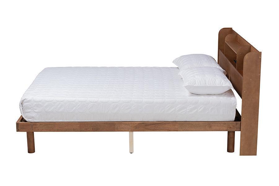 Harper Mid-Century Modern Transitional Walnut Brown Finished Wood Full Size Platform Bed with Charging Station FredCo