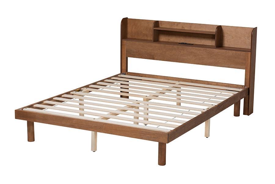Harper Mid-Century Modern Transitional Walnut Brown Finished Wood Full Size Platform Bed with Charging Station FredCo