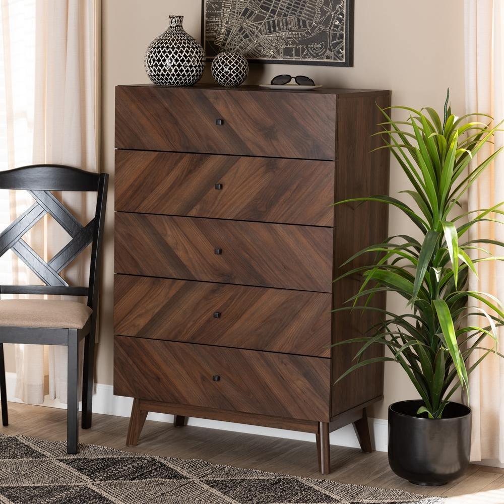 Hartman Mid-Century Modern Walnut Brown Finished Wood 5-Drawer Storage Chest FredCo