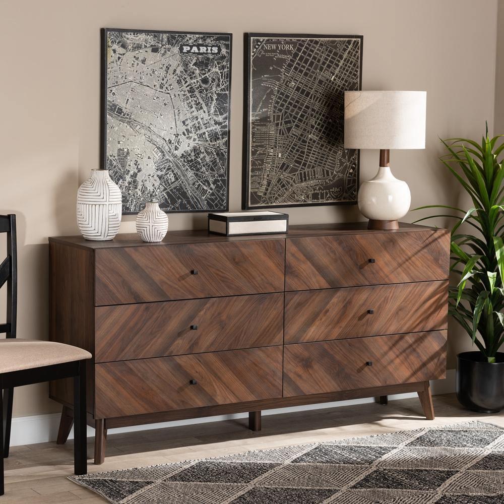 Hartman Mid-Century Modern Walnut Brown Finished Wood 6-Drawer Dresser FredCo