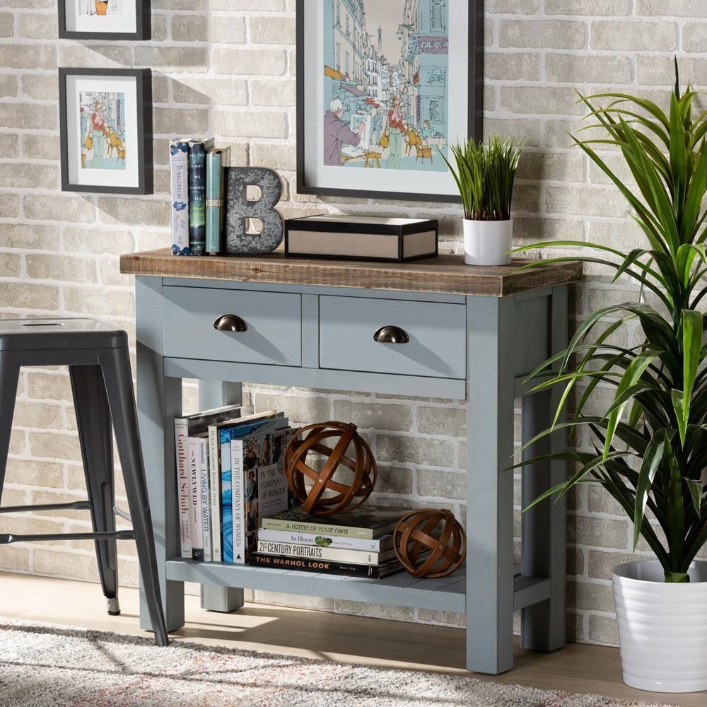 Hastin Classic and Traditional Two-Tone Grey and Antique Brown Finished Wood 2-Drawer Console Table FredCo