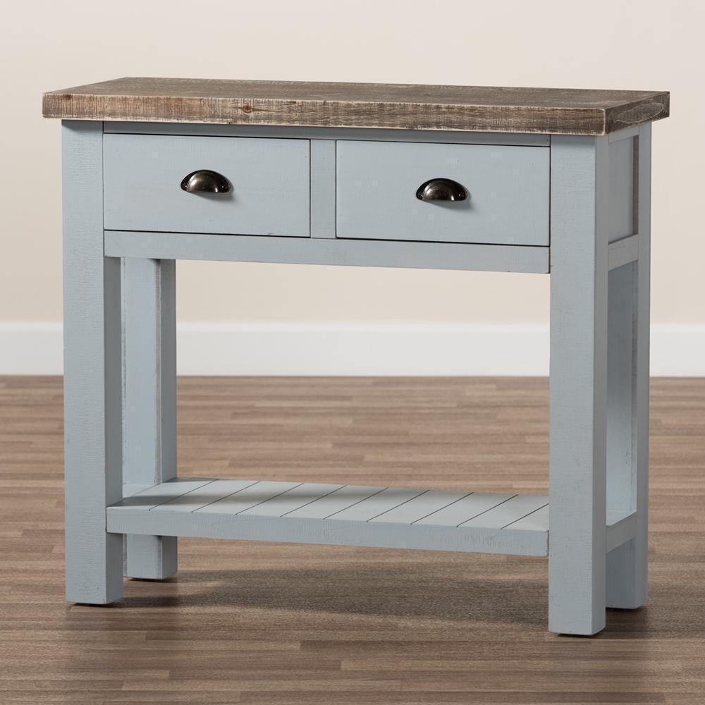 Hastin Classic and Traditional Two-Tone Grey and Antique Brown Finished Wood 2-Drawer Console Table FredCo