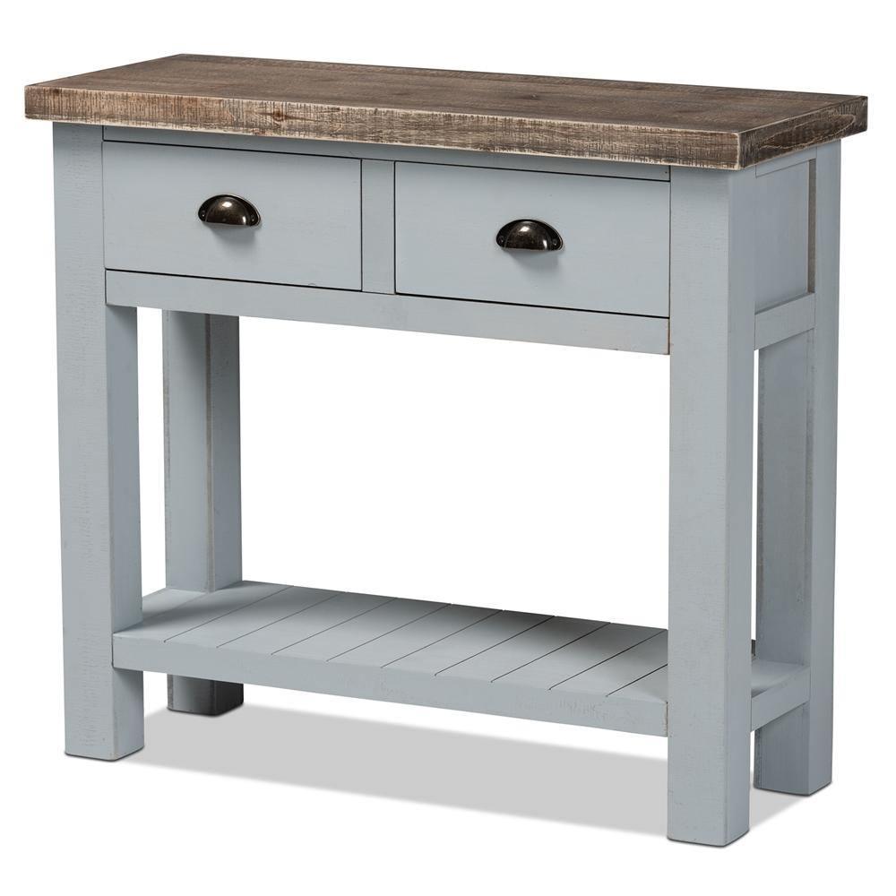 Hastin Classic and Traditional Two-Tone Grey and Antique Brown Finished Wood 2-Drawer Console Table FredCo