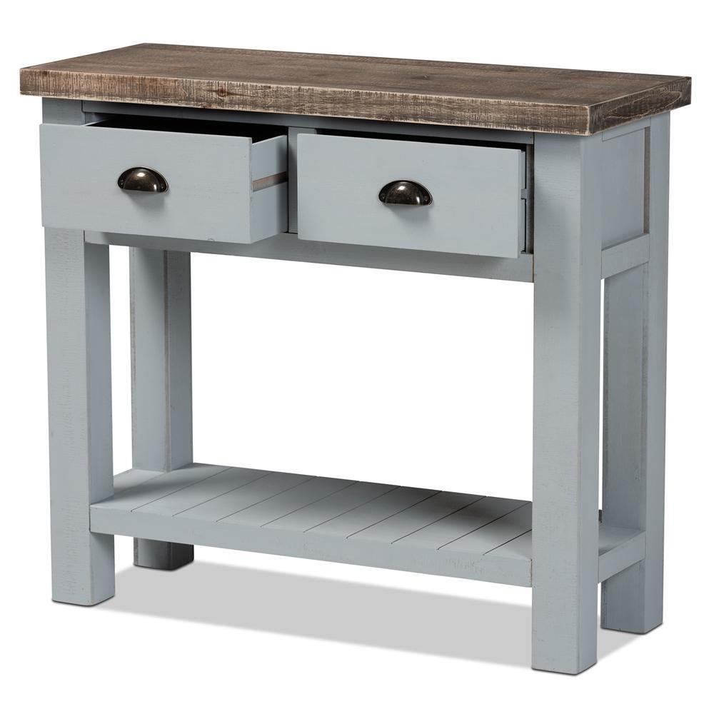 Hastin Classic and Traditional Two-Tone Grey and Antique Brown Finished Wood 2-Drawer Console Table FredCo