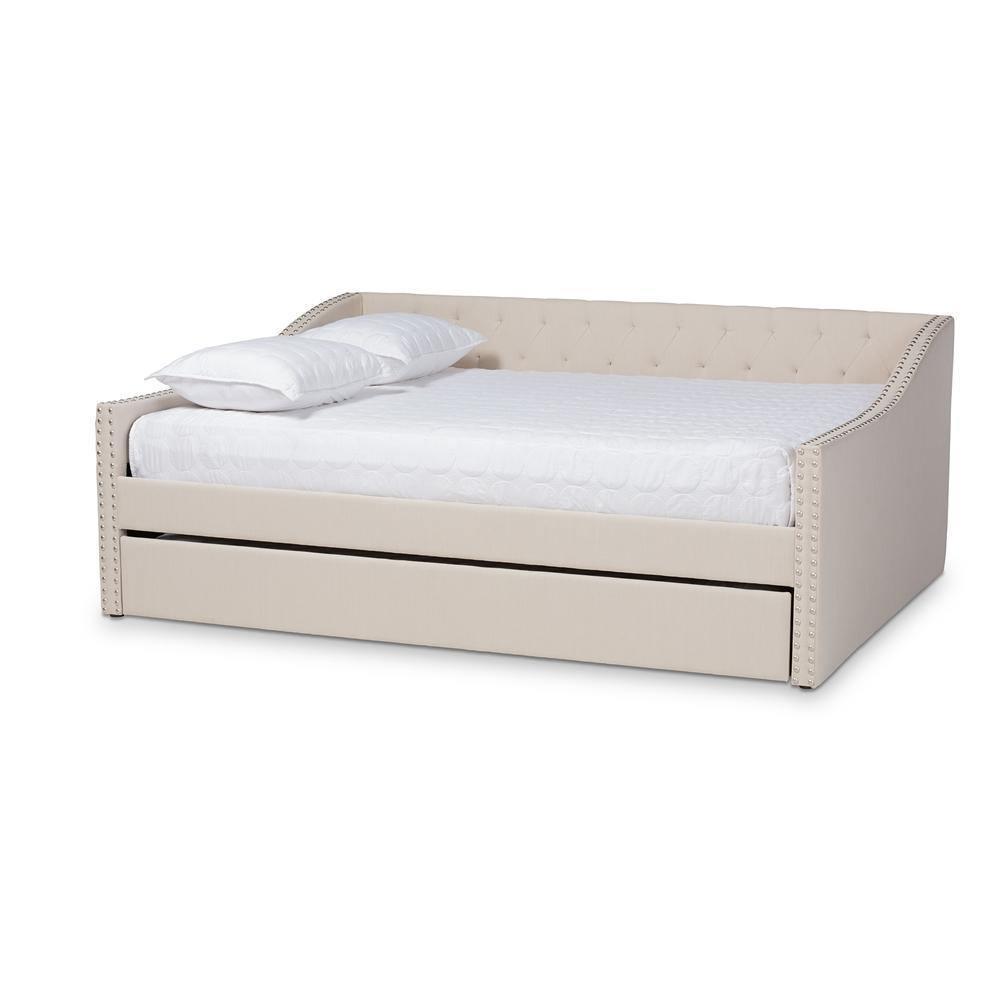 Haylie Modern and Contemporary Beige Fabric Upholstered Full Size Daybed with Roll-Out Trundle Bed FredCo