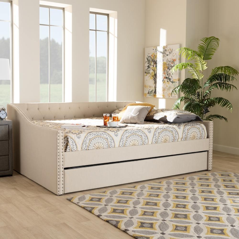 Haylie Modern and Contemporary Beige Fabric Upholstered Full Size Daybed with Roll-Out Trundle Bed FredCo
