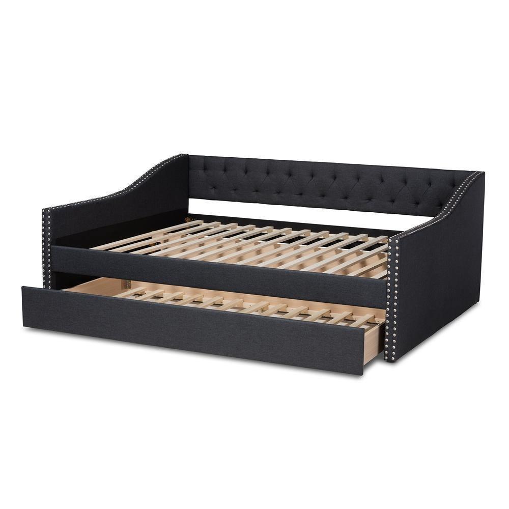 Haylie Modern and Contemporary Dark Grey Fabric Upholstered Full Size Daybed with Roll-Out Trundle Bed FredCo