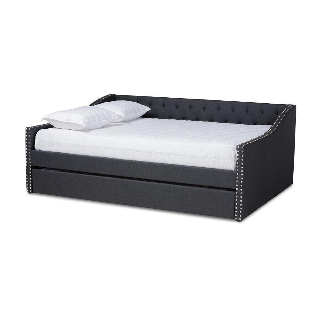 Haylie Modern and Contemporary Dark Grey Fabric Upholstered Full Size Daybed with Roll-Out Trundle Bed FredCo