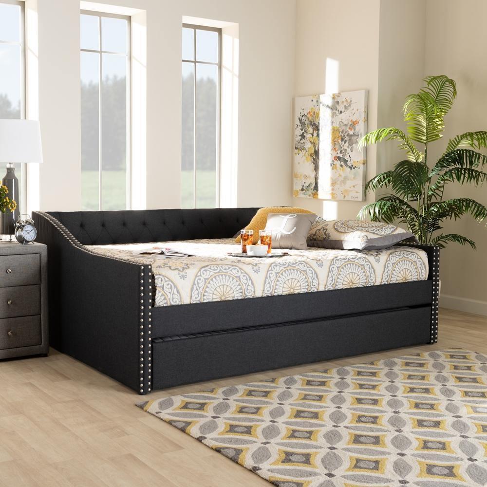 Haylie Modern and Contemporary Dark Grey Fabric Upholstered Full Size Daybed with Roll-Out Trundle Bed FredCo
