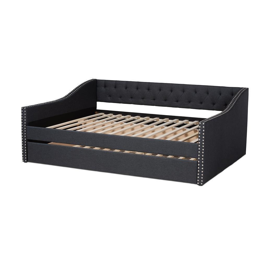 Haylie Modern and Contemporary Dark Grey Fabric Upholstered Full Size Daybed with Roll-Out Trundle Bed FredCo