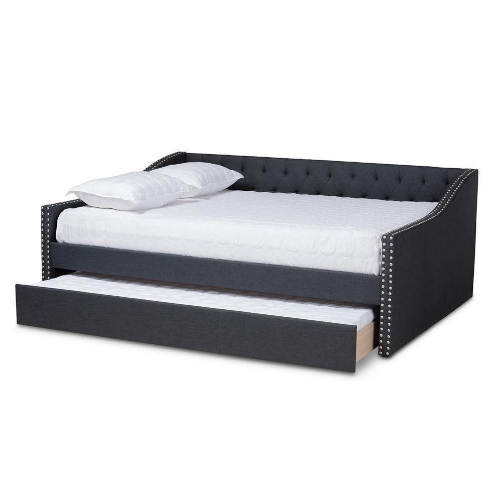 Haylie Modern and Contemporary Dark Grey Fabric Upholstered Full Size Daybed with Roll-Out Trundle Bed FredCo