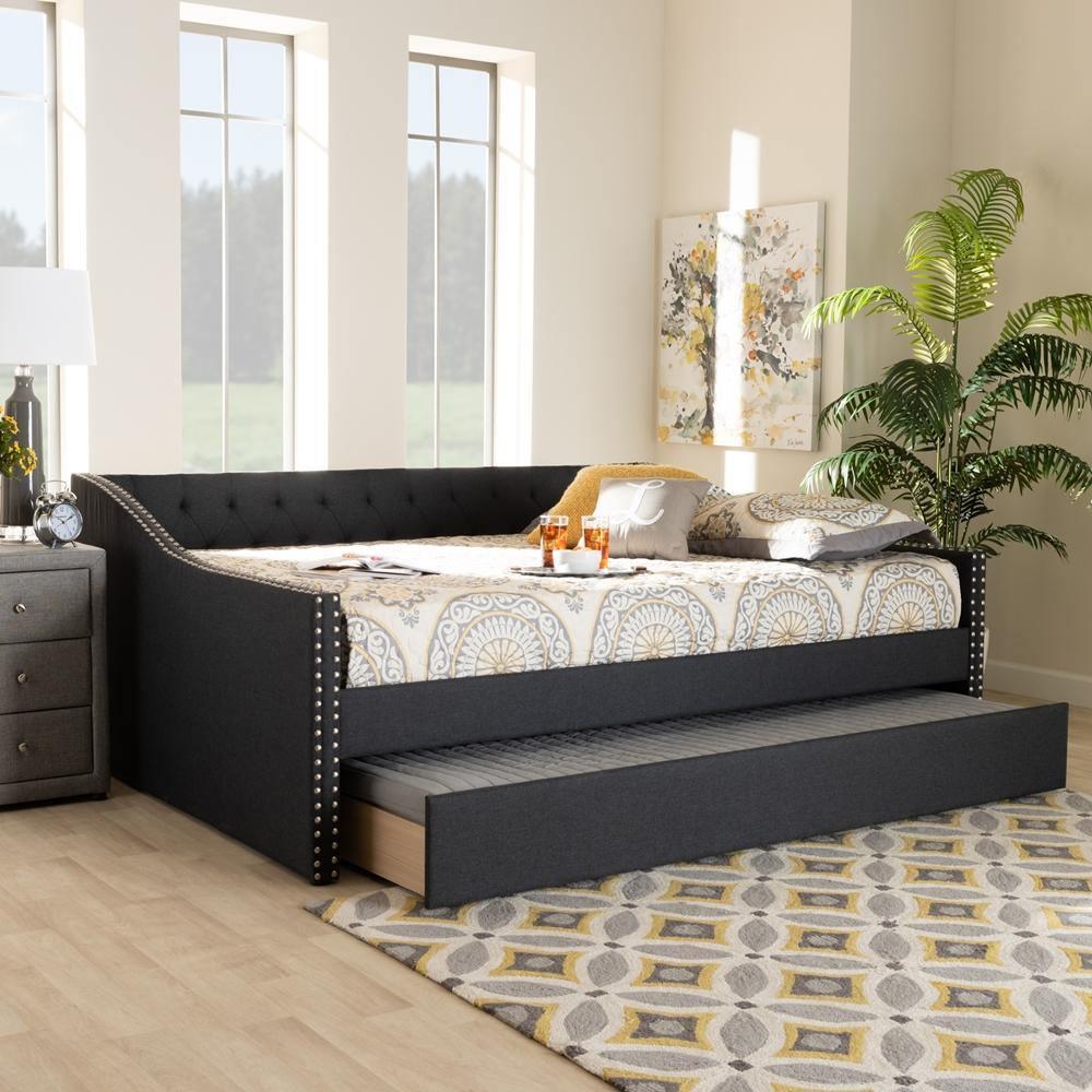 Haylie Modern and Contemporary Dark Grey Fabric Upholstered Full Size Daybed with Roll-Out Trundle Bed FredCo