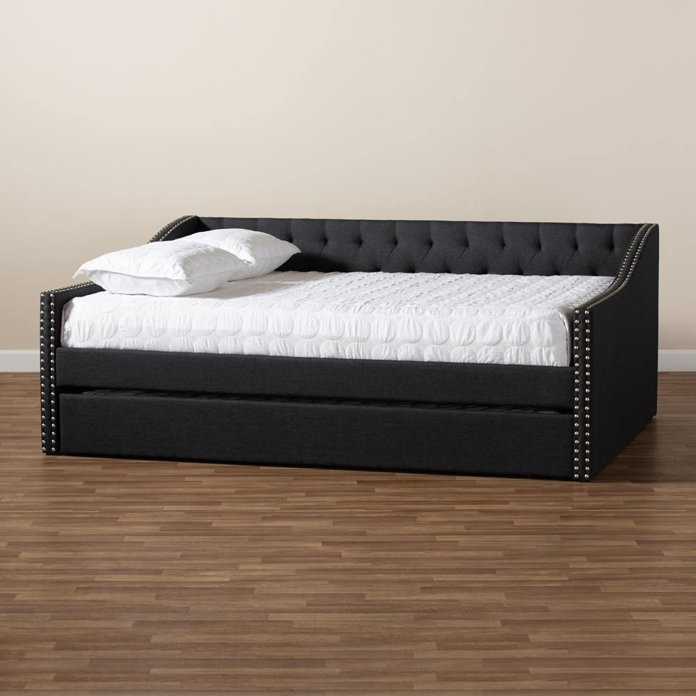 Haylie Modern and Contemporary Dark Grey Fabric Upholstered Full Size Daybed with Roll-Out Trundle Bed FredCo